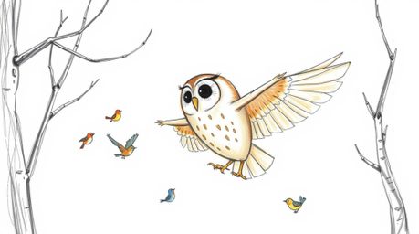 A heartwarming hand-drawn sketch in the style of Pixar portrays a blind owl gracefully gliding between trees, sharing its wis