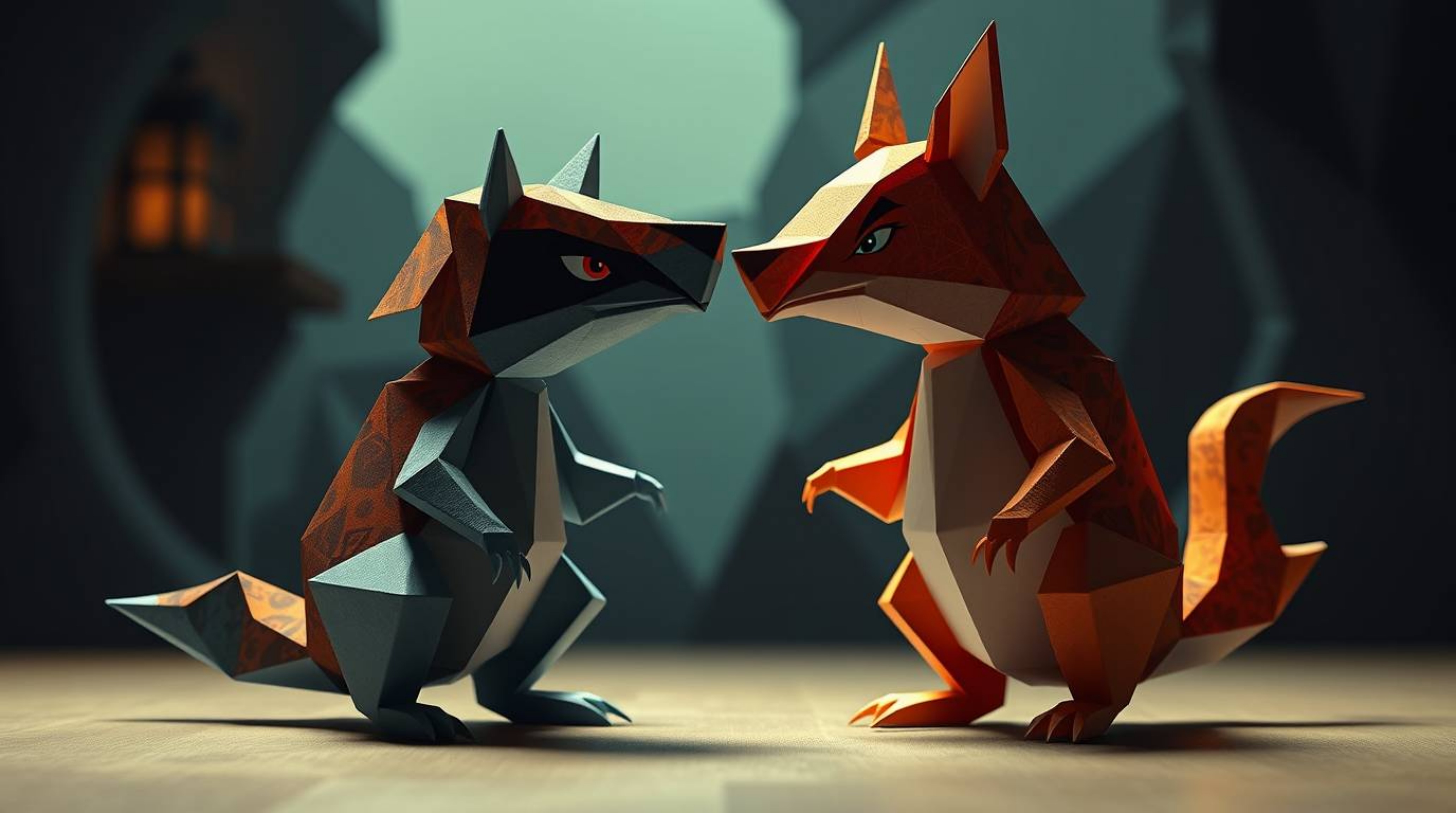 A captivating illustration featuring two mischievous talking animals crafted in an intricate origami style.  The dramatic, ci