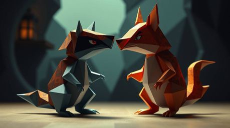 A captivating illustration featuring two mischievous talking animals crafted in an intricate origami style.  The dramatic, ci