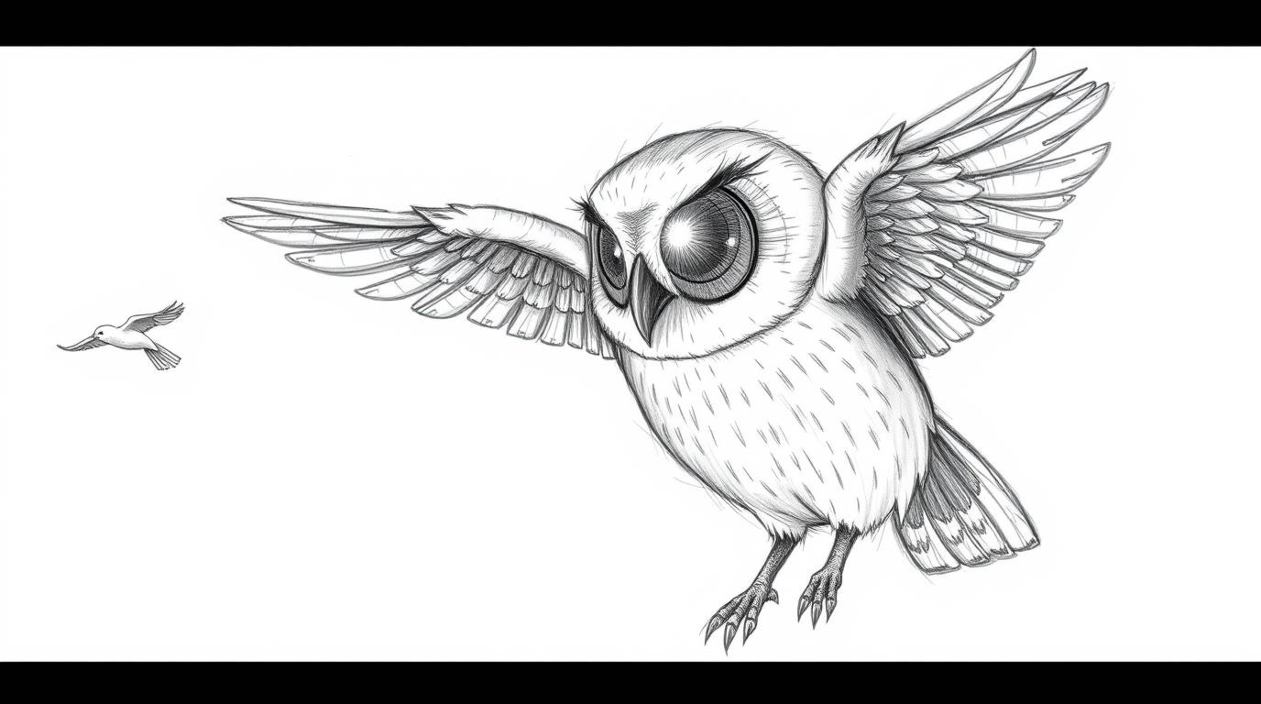 A captivating hand-drawn sketch showcases a blind owl, rendered in the style reminiscent of Pixar animation. This unique owl,