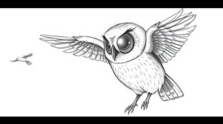 A captivating hand-drawn sketch showcases a blind owl, rendered in the style reminiscent of Pixar animation. This unique owl,