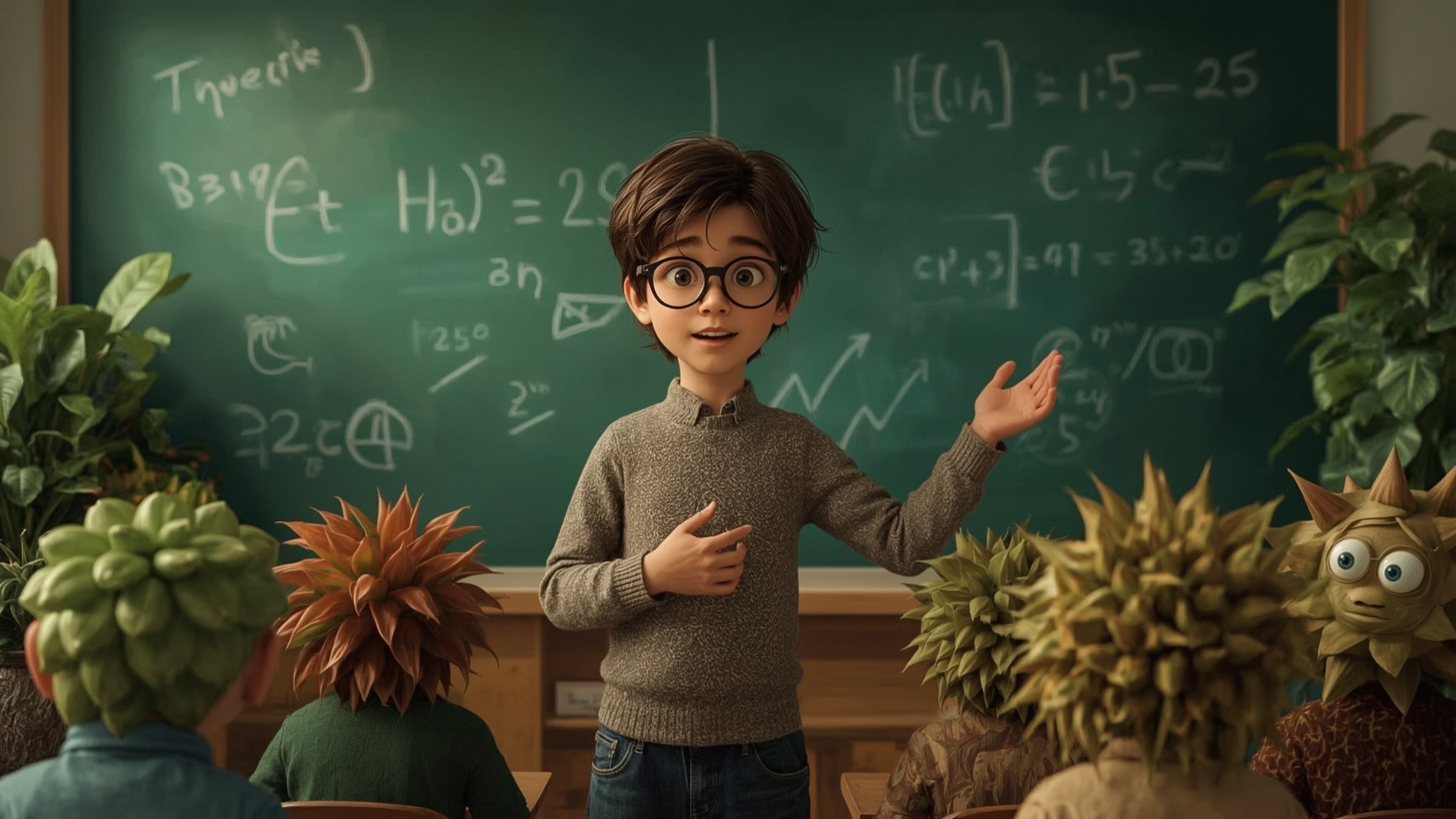 A highly detailed, high-resolution stock photo features a brilliant, bespectacled homeschooled genius, reminiscent of Pixar's