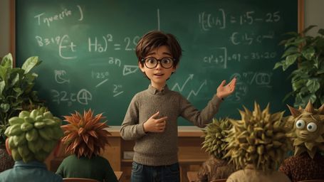 A highly detailed, high-resolution stock photo features a brilliant, bespectacled homeschooled genius, reminiscent of Pixar's
