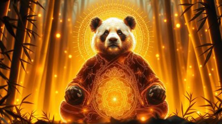 Experience the tranquility of a serene martial artist panda depicted in captivating light art. Bathed in a warm golden glow a