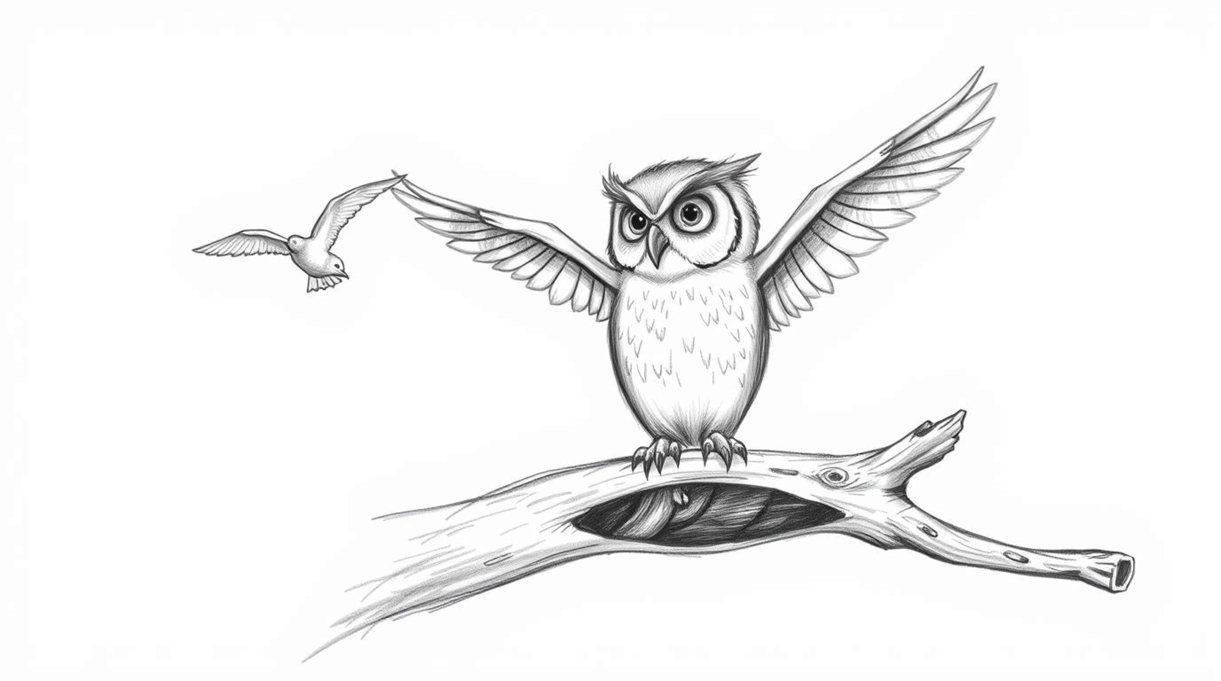 A heartwarming Pixar-style hand-drawn sketch depicts a blind owl, rendered with textured pencil strokes, patiently teaching b