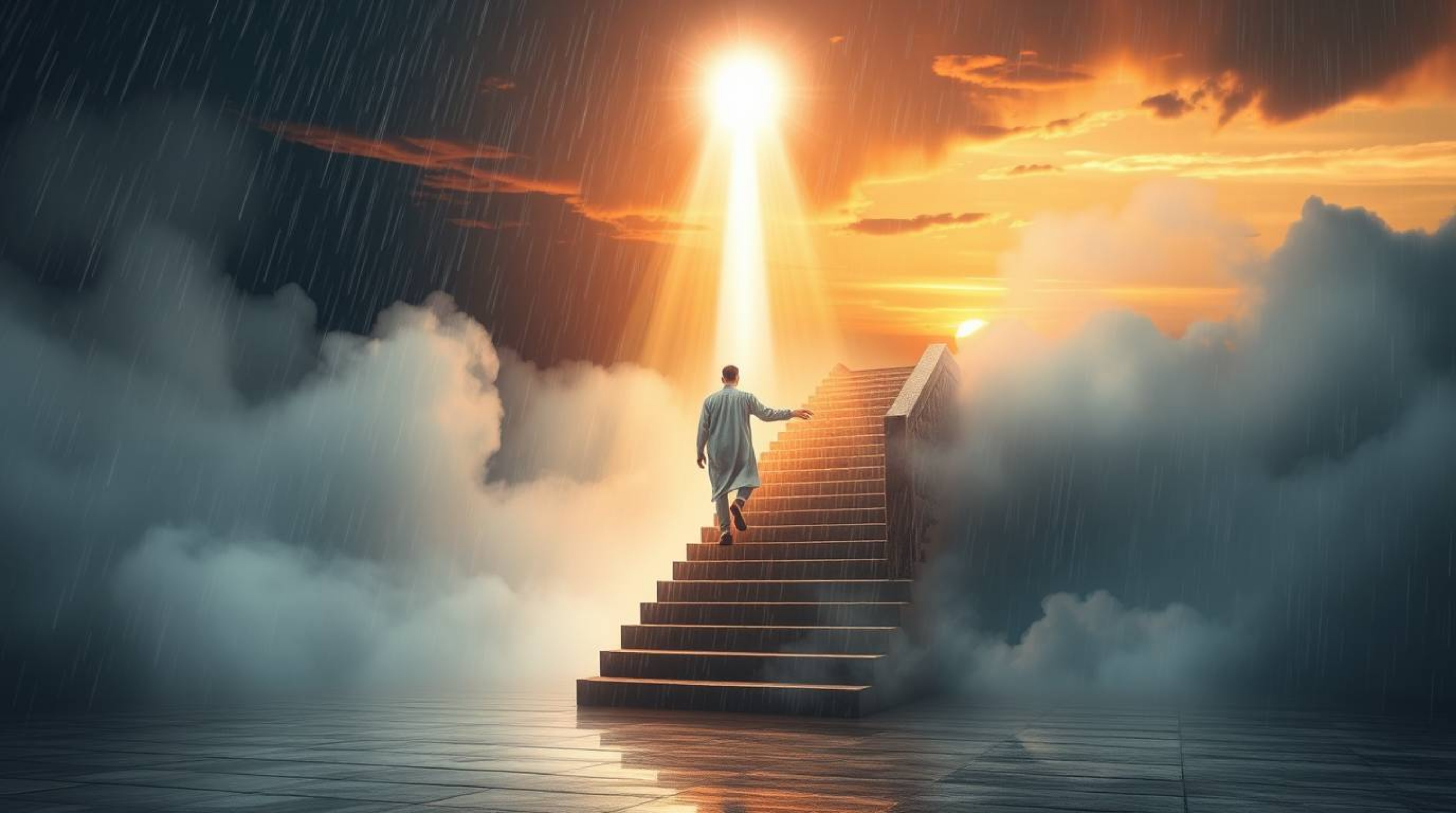An ethereal scene unfolds, depicting a solitary figure ascending a stone staircase towards a radiant beam of divine light.  T