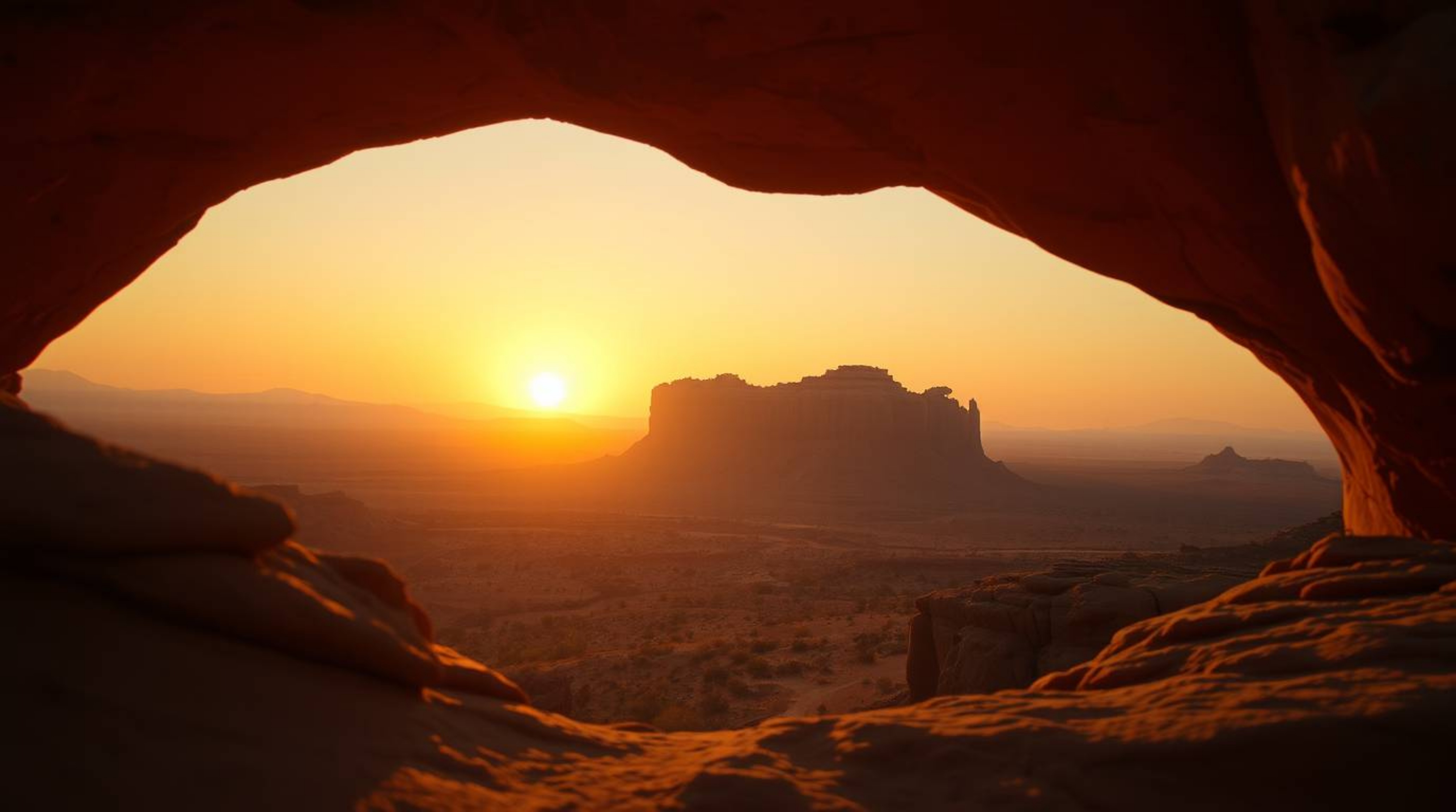 A captivating cinematic image showcases a soft, hazy desert sunset viewed through a natural rock arch.  Warm autumnal colors 