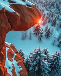 This high-angle perspective photograph captures the stunning scene of sunset light sparkling on snowy pine trees, distinguish