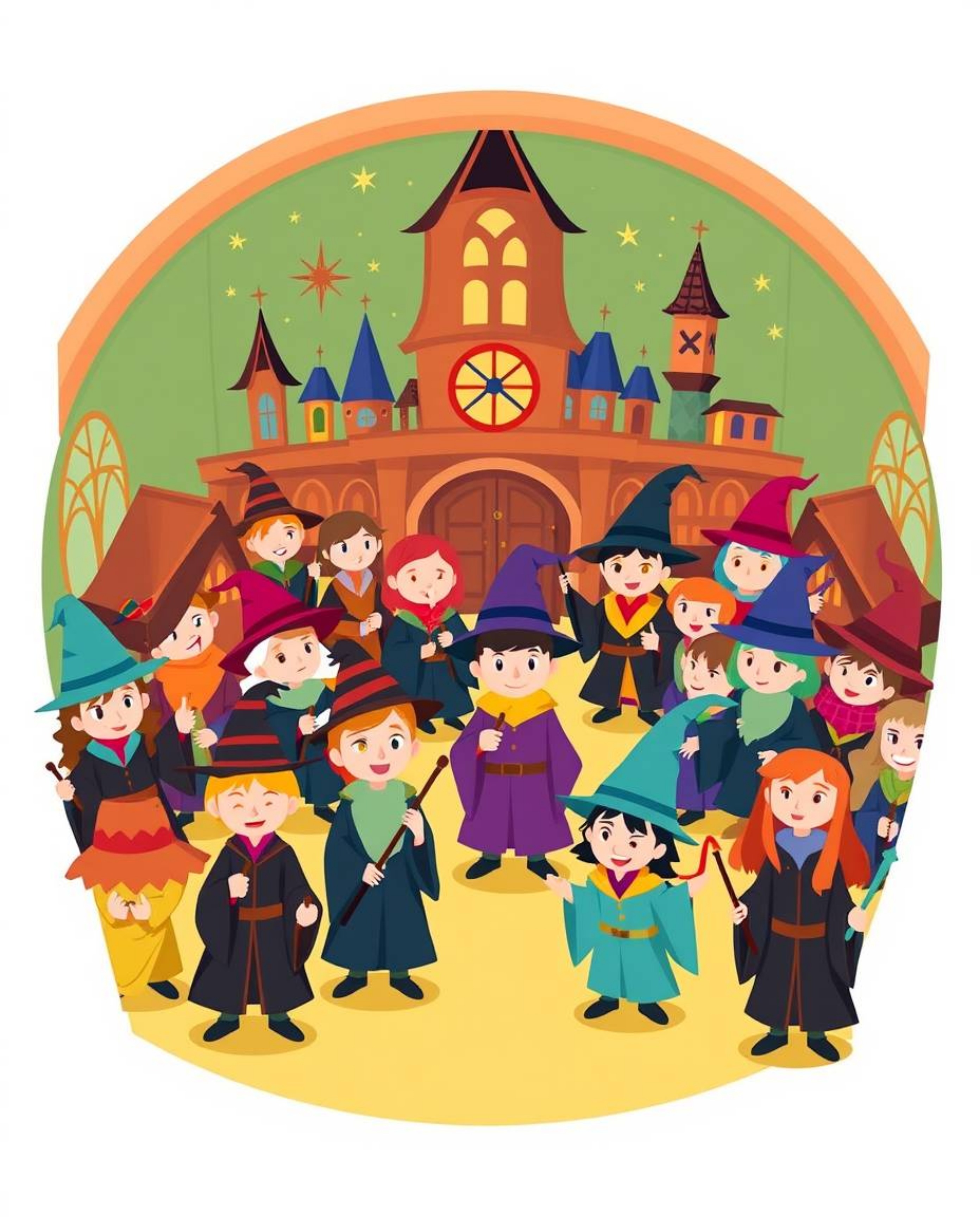 A captivating illustration showcases a modern, flat-designed magical school brimming with young wizards.  The scene is vibran