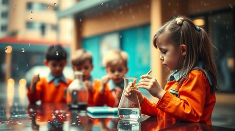 A captivating image depicting quirky children in school uniforms conducting science experiments in the rain.  The vibrant ter