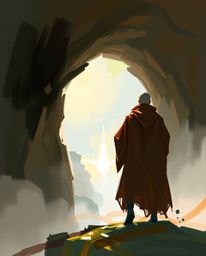 An epic digital sketch depicts a person in flowing robes standing at the edge of a tunnel, gazing towards a distant light. Th