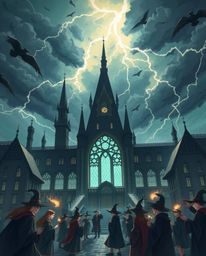 This dramatic illustration depicts a magical school teeming with young wizards, set against an intense and stormy sky. The ar