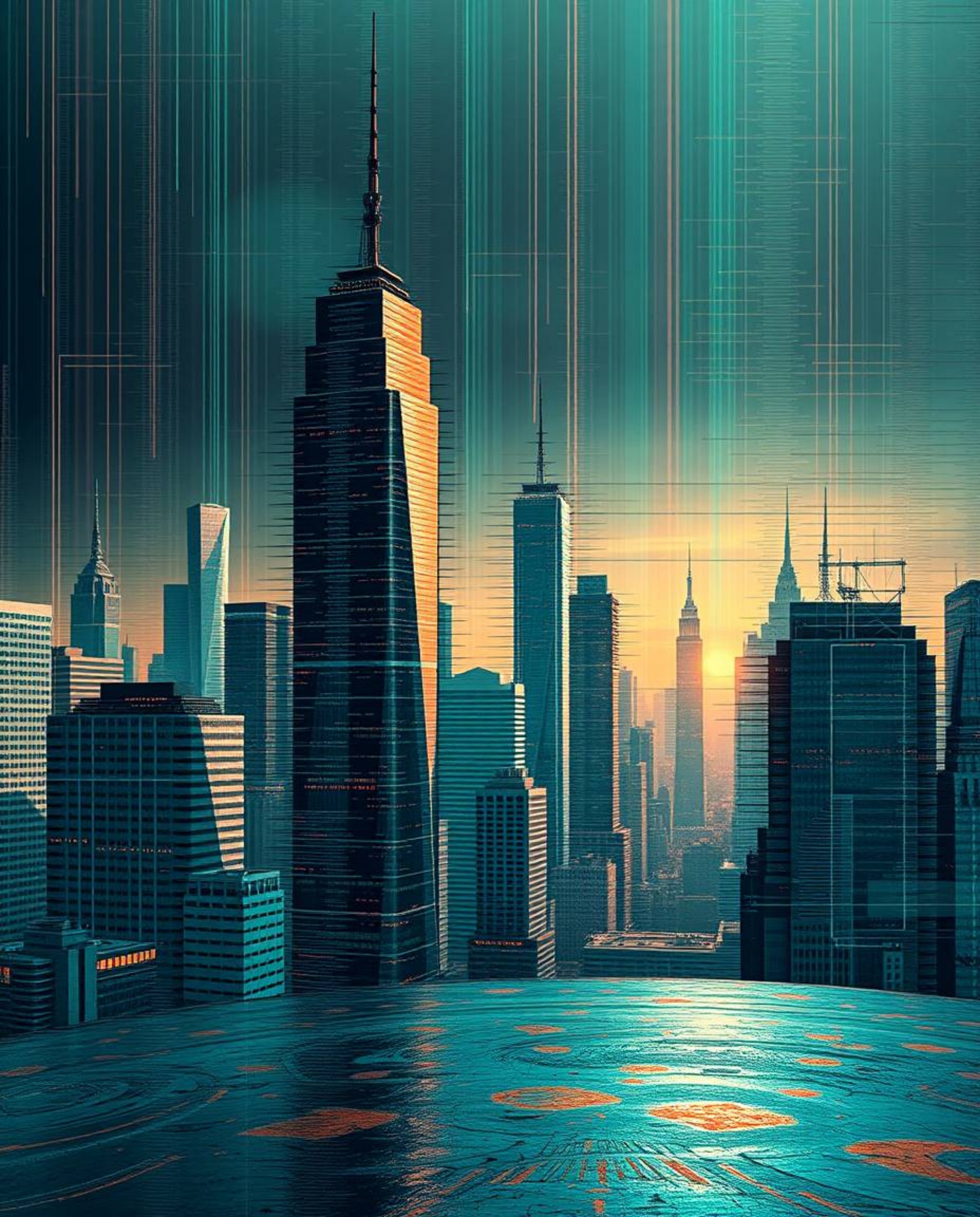 A captivating digital rendering showcases a glitchy landscape featuring distorted skyscrapers and vibrant static noise. The a