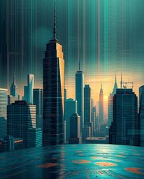 A captivating digital rendering showcases a glitchy landscape featuring distorted skyscrapers and vibrant static noise. The a
