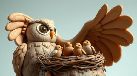 This artwork depicts a charming, Pixar-style sculptural clay creation of a blind owl. The owl, rendered with smooth, rounded 
