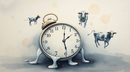 Immerse yourself in a delicate watercolor painting depicting a surreal dreamscape.  Melting clocks and floating cows drift ac