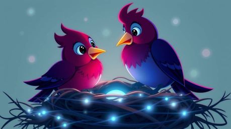 A bioluminescent image showcasing two cartoon birds diligently building their nest in a classic animation style. The scene is