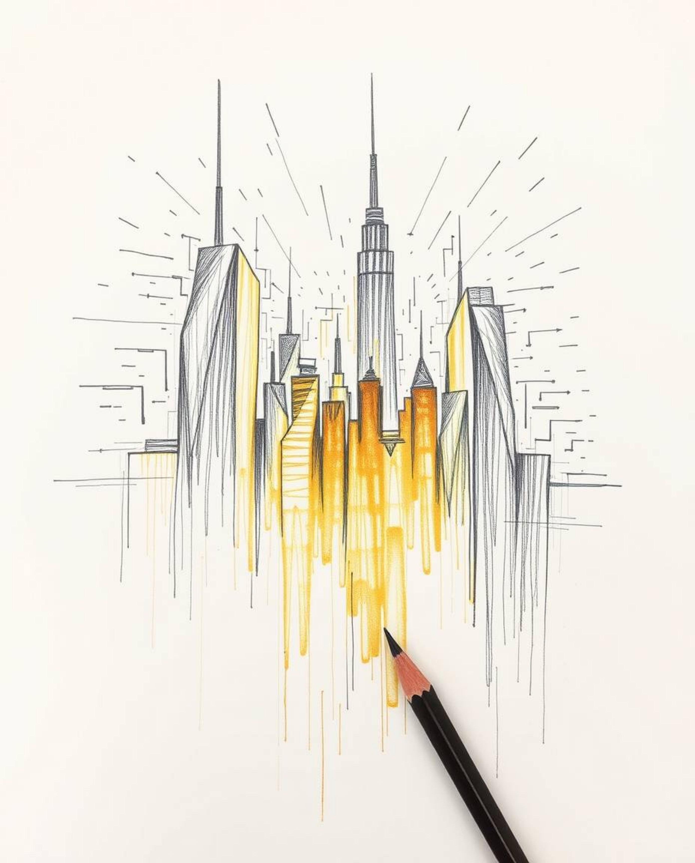 A captivating hand-drawn sketch depicts a glitchy digital landscape featuring distorted skyscrapers and static noise.  Rough 