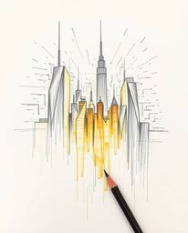 A captivating hand-drawn sketch depicts a glitchy digital landscape featuring distorted skyscrapers and static noise.  Rough 