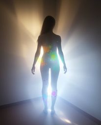 Experience an ethereal spiritual vibe through this modern art piece. Soft, gentle light illuminates a human silhouette meticu