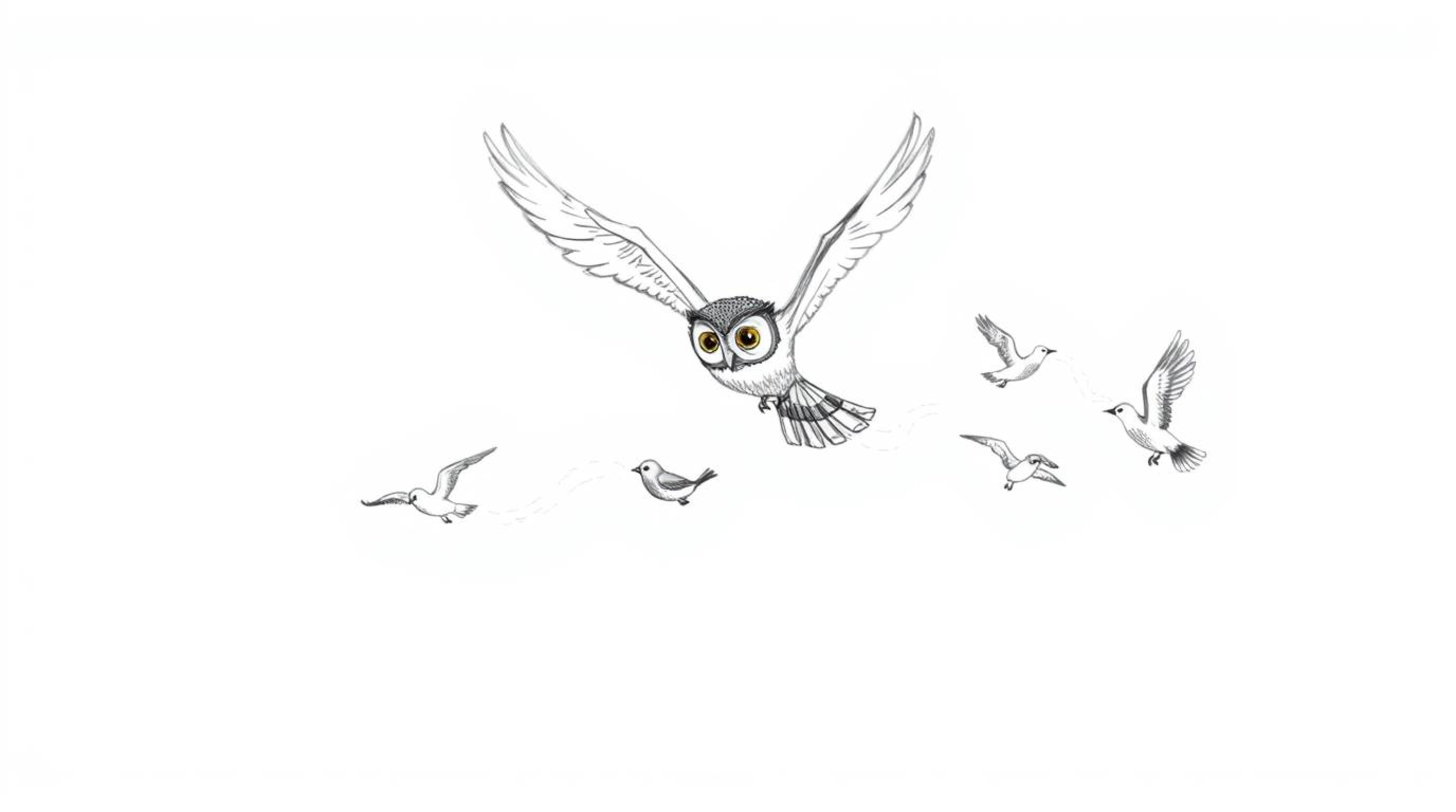 A heartwarming Pixar-inspired sketch portrays a blind owl in mid-flight, selflessly guiding several birds to fly. The rough, 