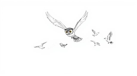 A heartwarming Pixar-inspired sketch portrays a blind owl in mid-flight, selflessly guiding several birds to fly. The rough, 