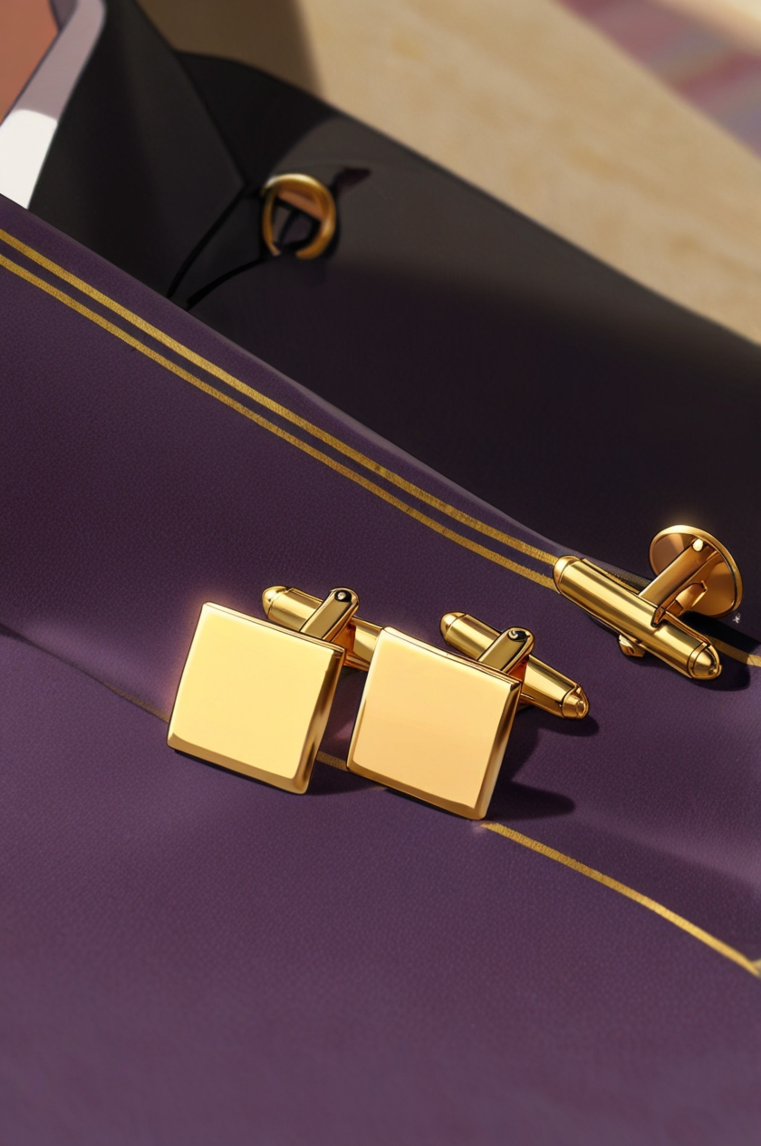 A pair of elegant golden cufflinks sits gracefully on a plush velvet cushion, complemented by a luxurious silk tie. This imag