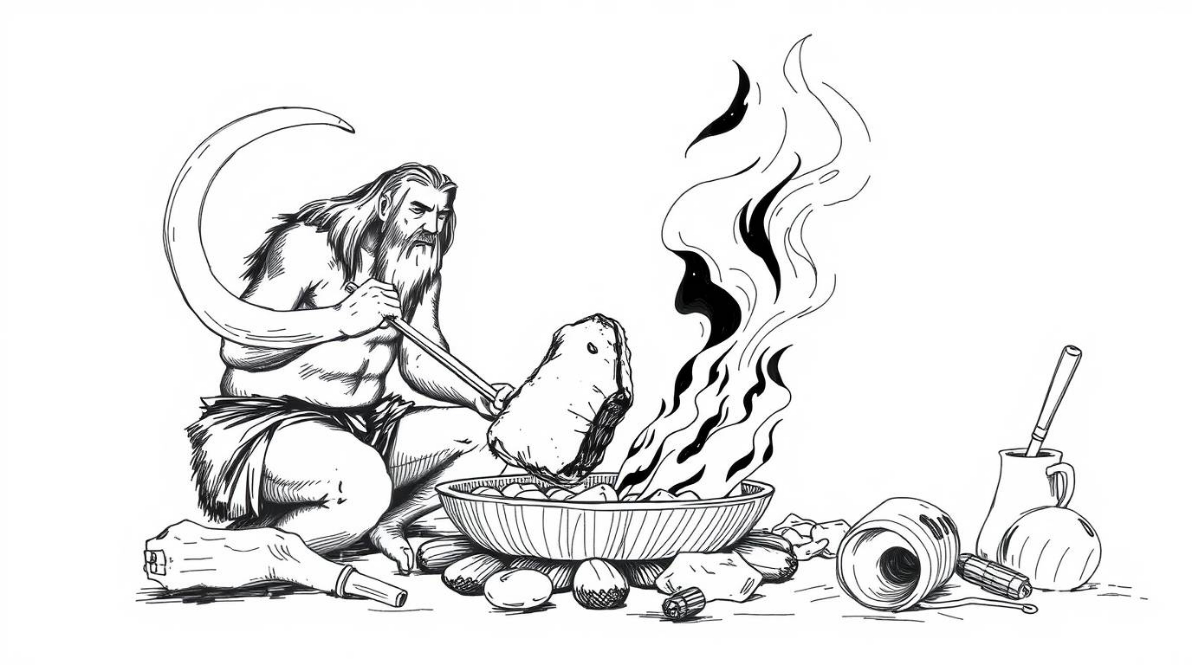 A hand-drawn sketch depicting a caveman preparing mammoth meat in a classic black and white style, evokes a sense of timeless