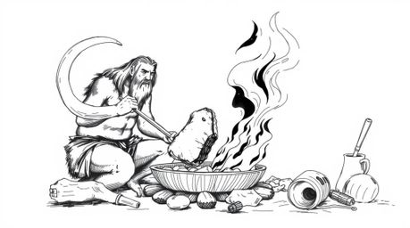 A hand-drawn sketch depicting a caveman preparing mammoth meat in a classic black and white style, evokes a sense of timeless