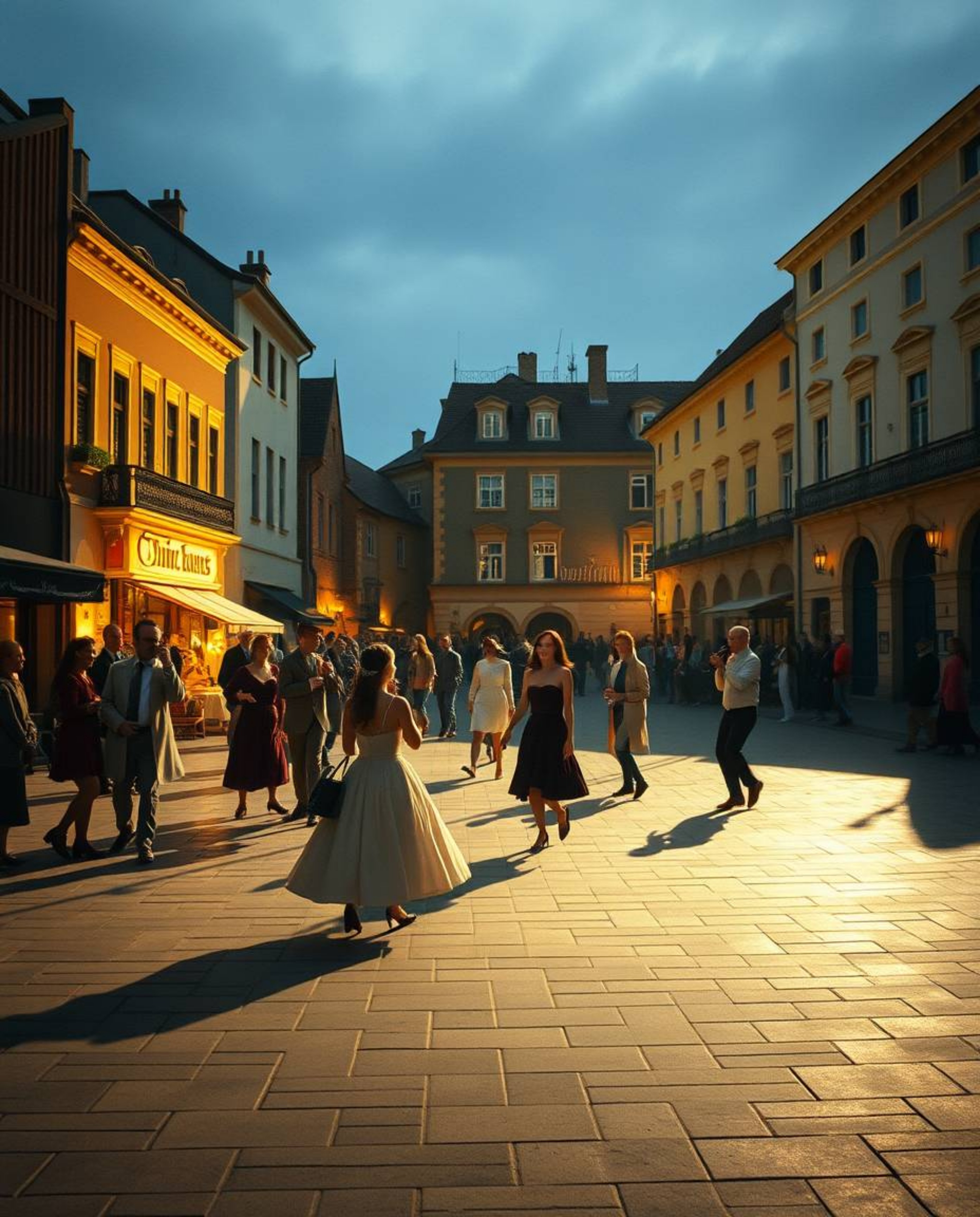 A captivating musical number unfolds in a vibrant town square, presented in a dramatic cinematic style. Gentle, soft light cr