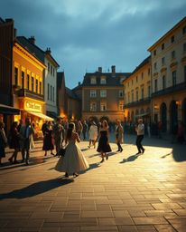 A captivating musical number unfolds in a vibrant town square, presented in a dramatic cinematic style. Gentle, soft light cr