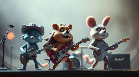 Experience a captivating scene of a cartoon animal rock band in soft focus, bathed in a hazy cinematic glow.  The image evoke