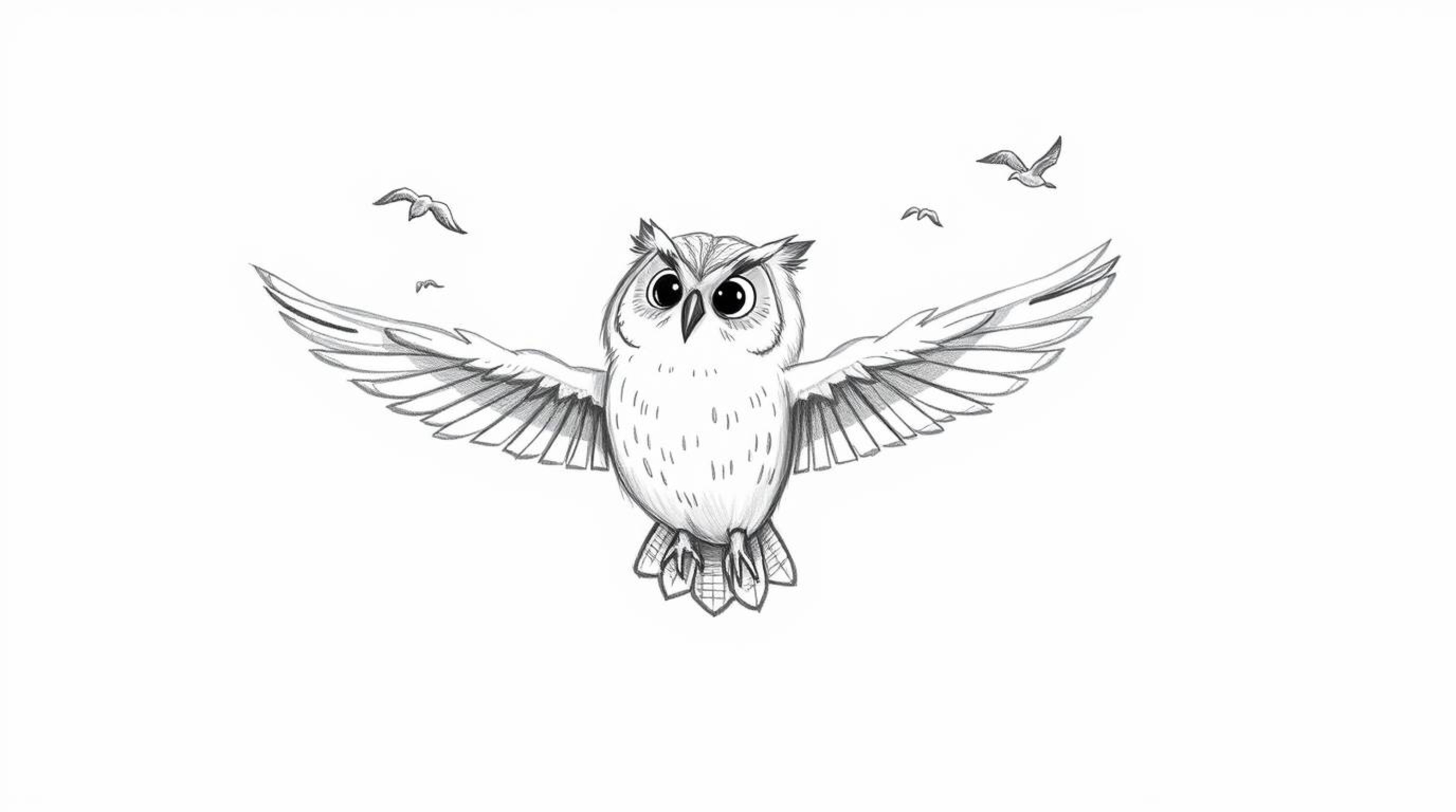 A heartwarming hand-drawn sketch in the style of Pixar depicts a blind owl patiently teaching birds to fly.  Soft, textured p