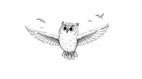A heartwarming hand-drawn sketch in the style of Pixar depicts a blind owl patiently teaching birds to fly.  Soft, textured p