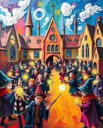 A bold acrylic painting captures the essence of a magical school teeming with young wizards, brought to life with vibrant col