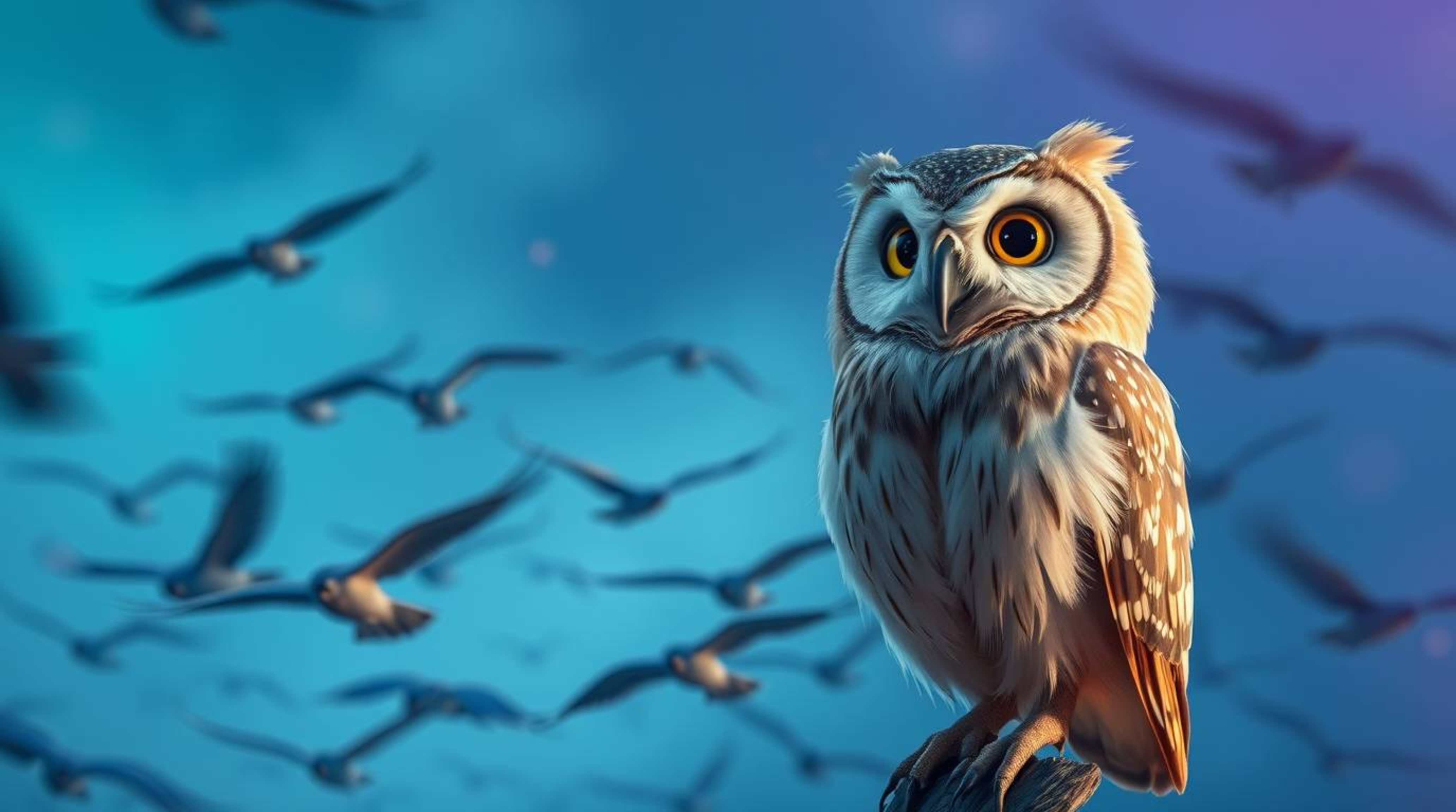 This captivating long-exposure photograph showcases a wise, blind owl, rendered in a heartwarming Pixar-style with soft, feat