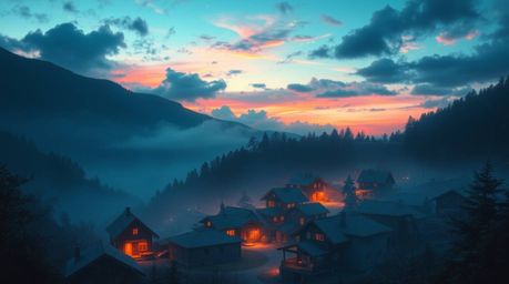 Experience a serene and idyllic scene of a cozy village nestled in a valley, bathed under a vibrant and colorful sky. Biolumi