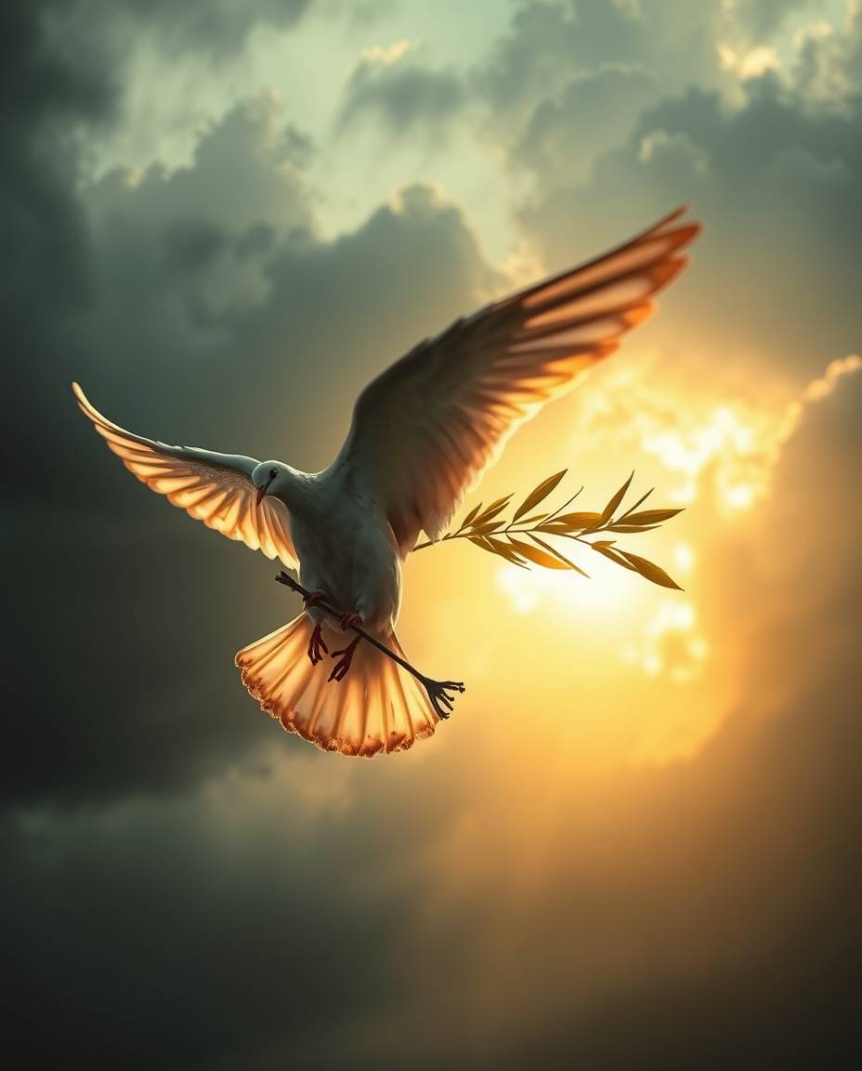 An image depicting a dove carrying an olive branch amidst turbulent, stormy skies, illuminated by a warm golden glow and enha