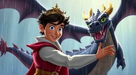 A captivating scene depicting a charming prince battling a fearsome dragon in a vibrant 1950s animation style. The artwork f