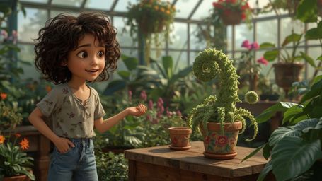 A high-resolution, commercial-quality stock photo depicting a whimsical, Pixar-style scene in a lush greenhouse. A bright-eye