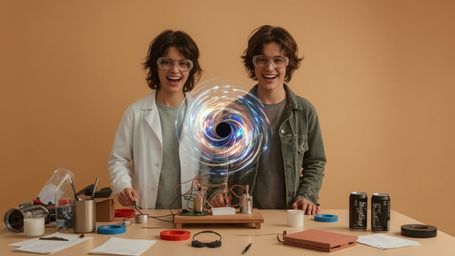 A brightly lit, cinematic photograph, reminiscent of Pixar's vibrant, stylized aesthetic, captures an ecstatic science fair d