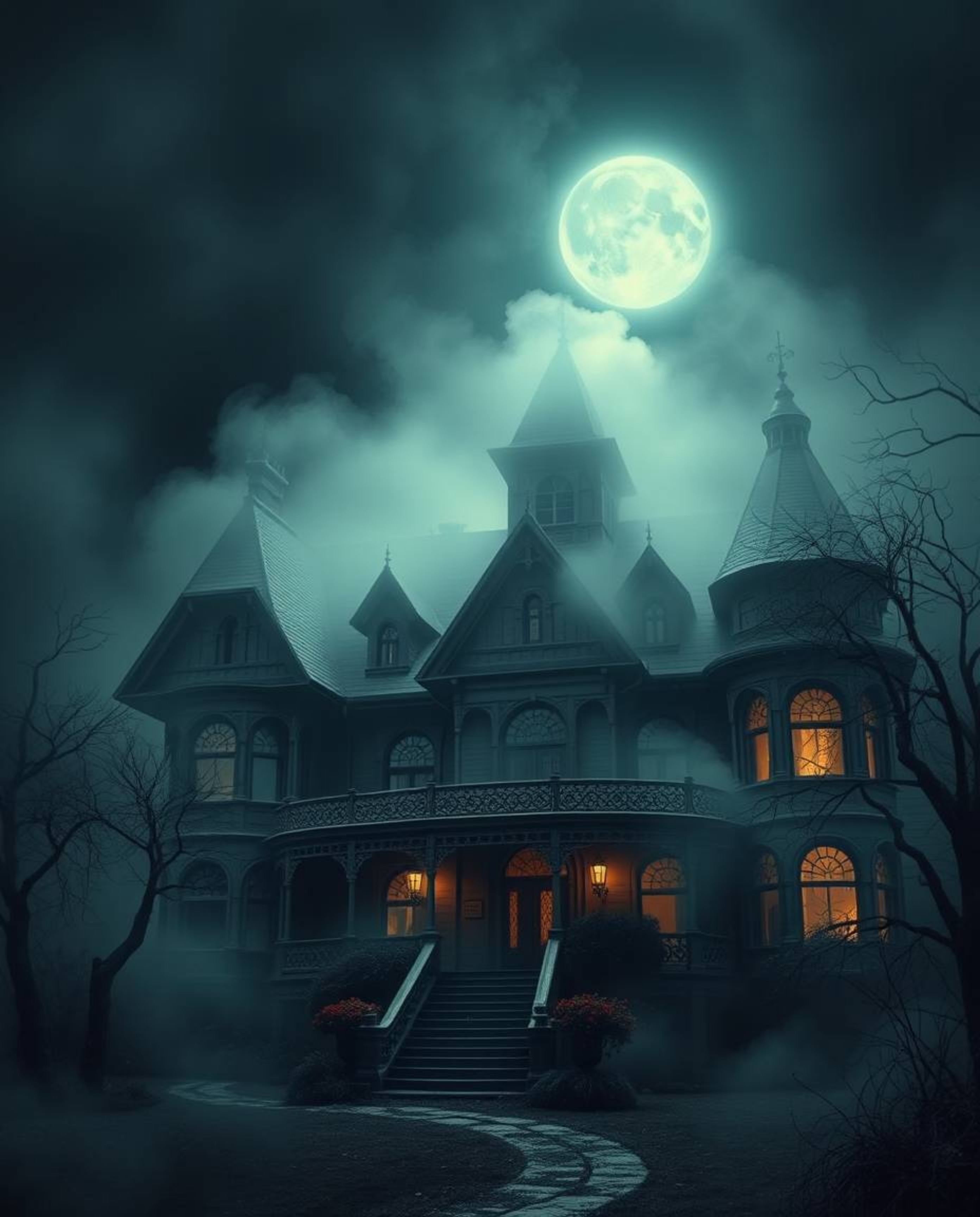 Explore a dreamlike vision of a fog-covered Victorian mansion bathed in moonlight. This surreal depiction utilizes chiaroscur