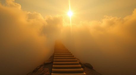 A captivating image depicts a golden staircase ascending through ethereal clouds towards a radiant heaven.  Sunlight pierces 