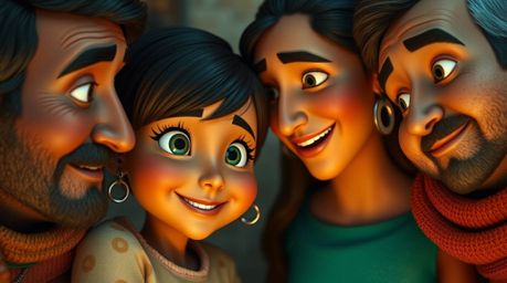 Experience a warm and inviting Pixar-style family reunion rendered in a tight close-up shot. The scene beautifully blends war