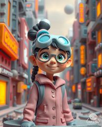 This sculptural clay art piece depicts a young inventor girl in a futuristic city, rendered in a captivating Pixar-like style
