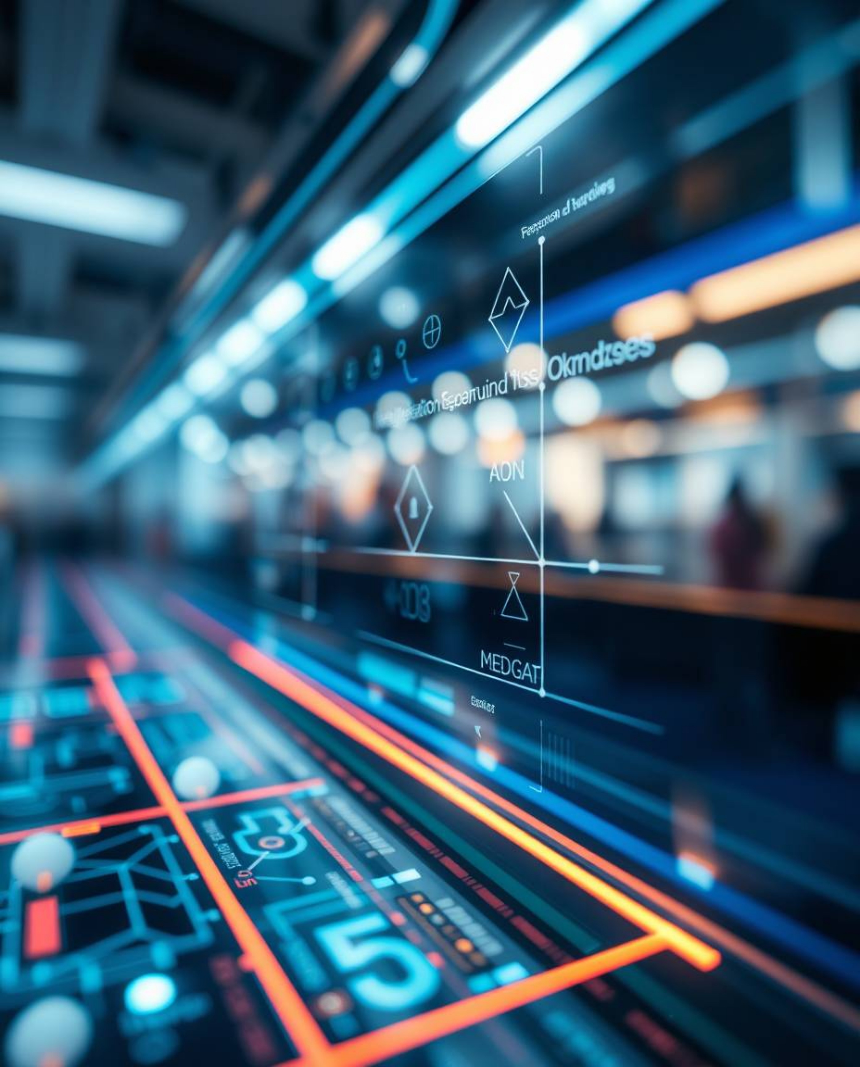 This photograph showcases a futuristic digital interface rendered with a long-exposure technique, resulting in a captivating 