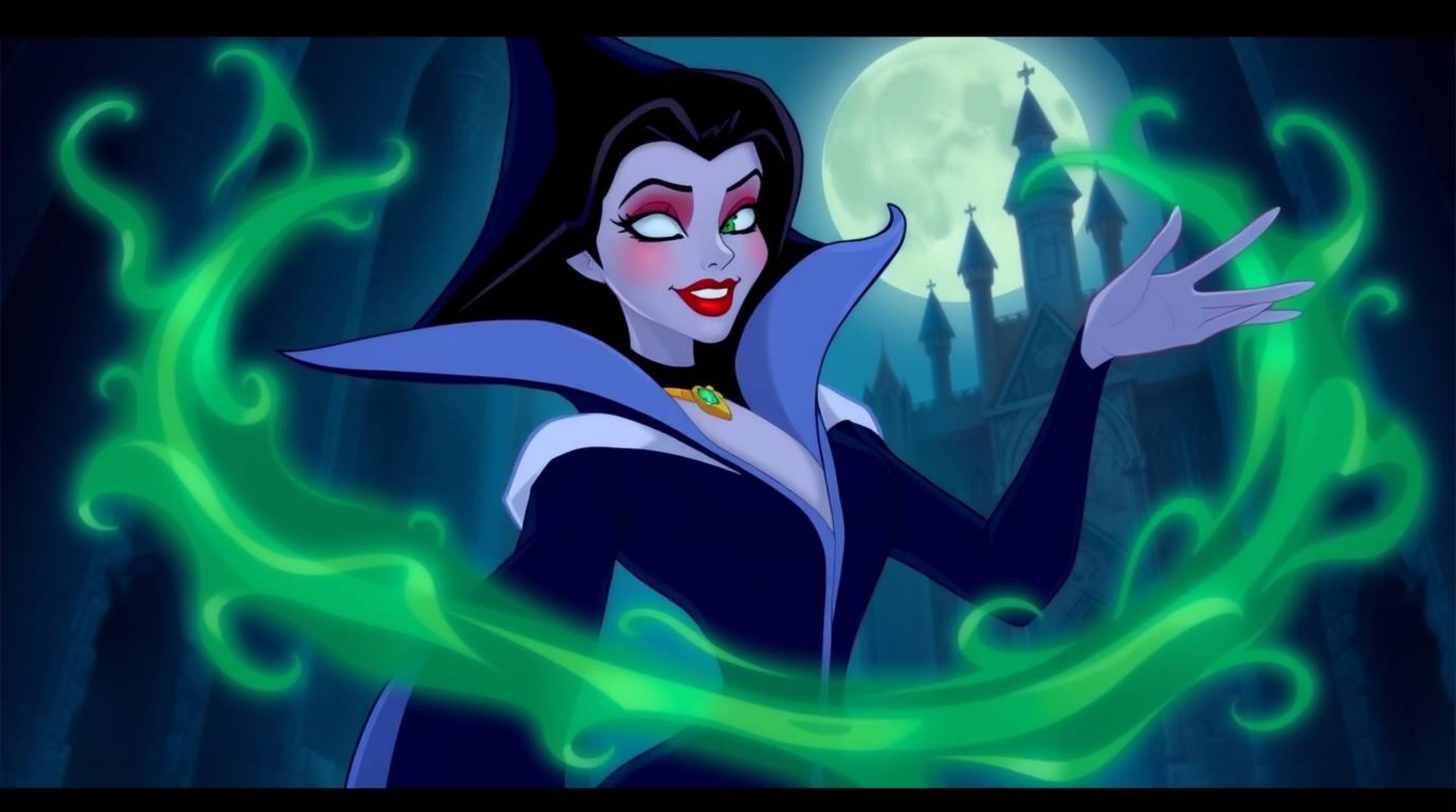 A classic Disney villain with refined, elegant features casts a spell in an old castle, bathed in a cool color palette of blu