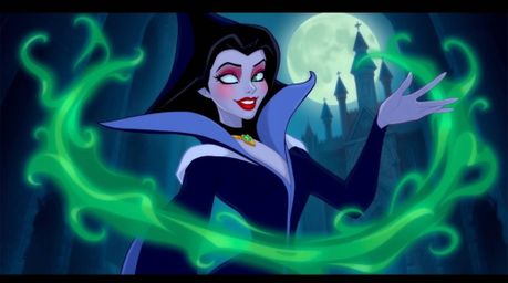 A classic Disney villain with refined, elegant features casts a spell in an old castle, bathed in a cool color palette of blu