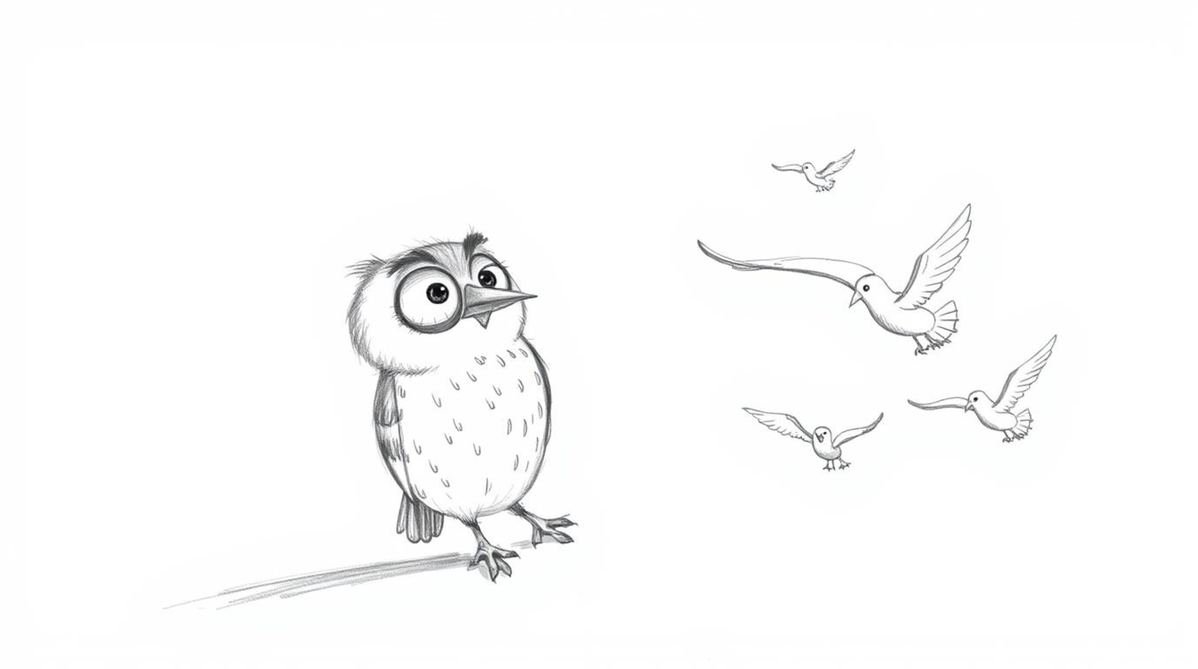 A heartwarming hand-drawn sketch in the style of Pixar depicts a blind owl with gentle features patiently teaching several bi