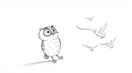 A heartwarming hand-drawn sketch in the style of Pixar depicts a blind owl with gentle features patiently teaching several bi